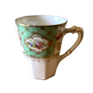 Demitasse Teacup Hand Painted Mint Green and Floral Gold Trim 2.25 w x 3" h